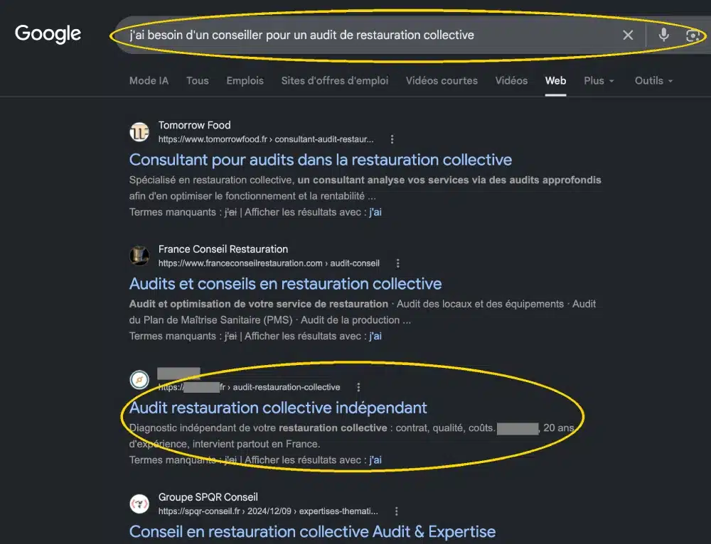 Résultat de recherche Google montrant le site de Benoît bien positionné, nom flouté